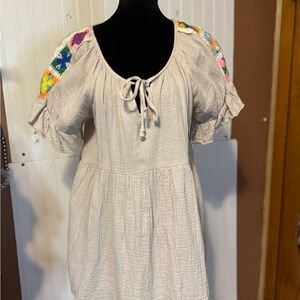 Beige Peasant Dress with Colorful Embroidered Shoulders Sz Lg